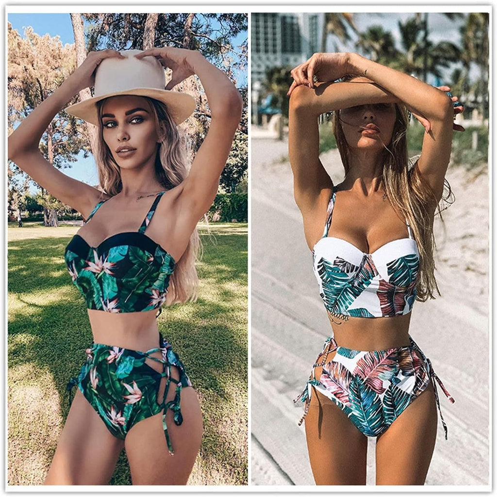 Cross-border New European and American Women's Split Two-cut Swimsuit Floral High Waist Drawstring Lace-up Sexy Backless Bikini