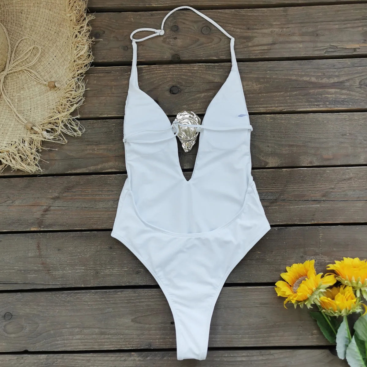 Deep V Neck Swimsuit with Skirt