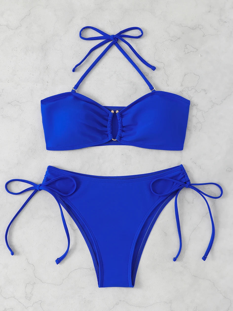 High Waist Knotted Bandeau Bikini Set