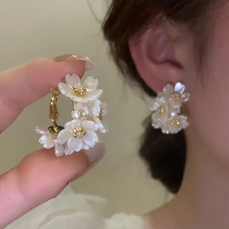 Shell Flower Pearl Hoop Earrings