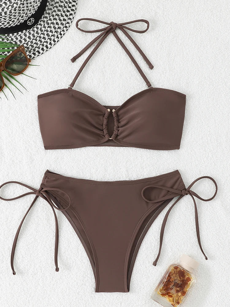High Waist Knotted Bandeau Bikini Set