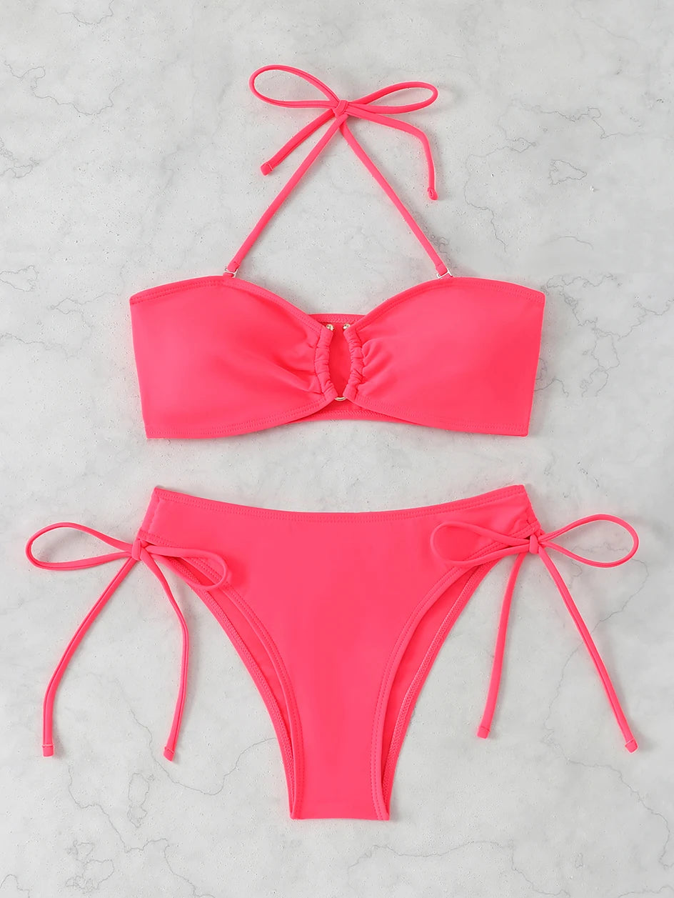 High Waist Knotted Bandeau Bikini Set