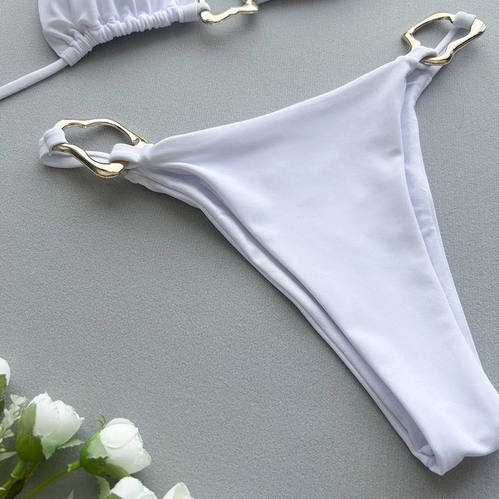 Solid Lace-Up Split Two Piece Swimsuit