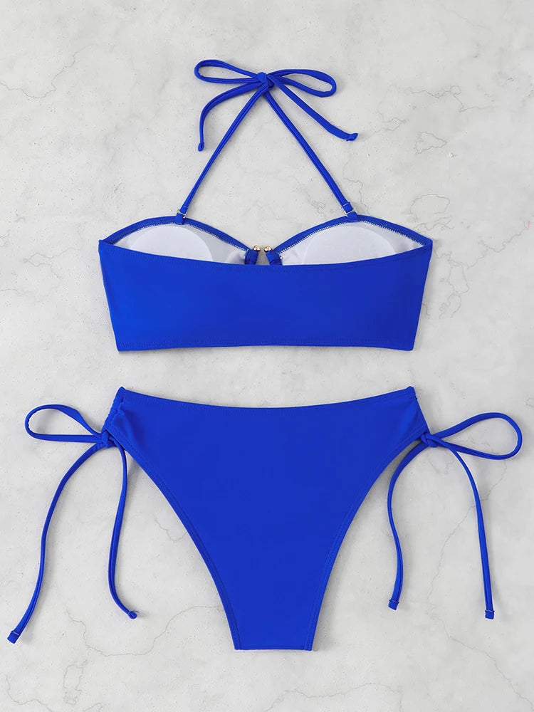 High Waist Knotted Bandeau Bikini Set