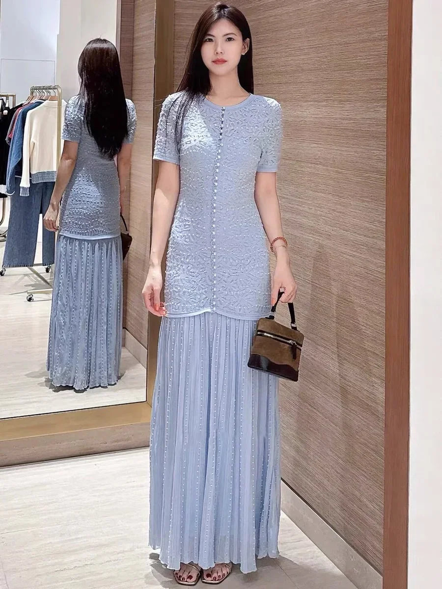 Pearl Beaded Hollow Knit Midi Dress