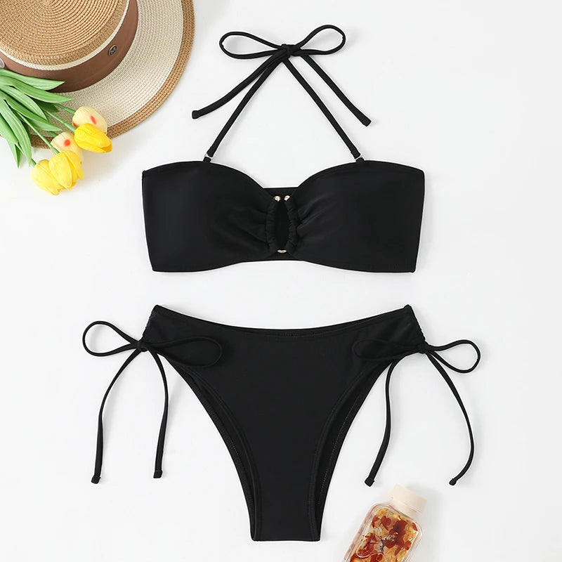 High Waist Knotted Bandeau Bikini Set