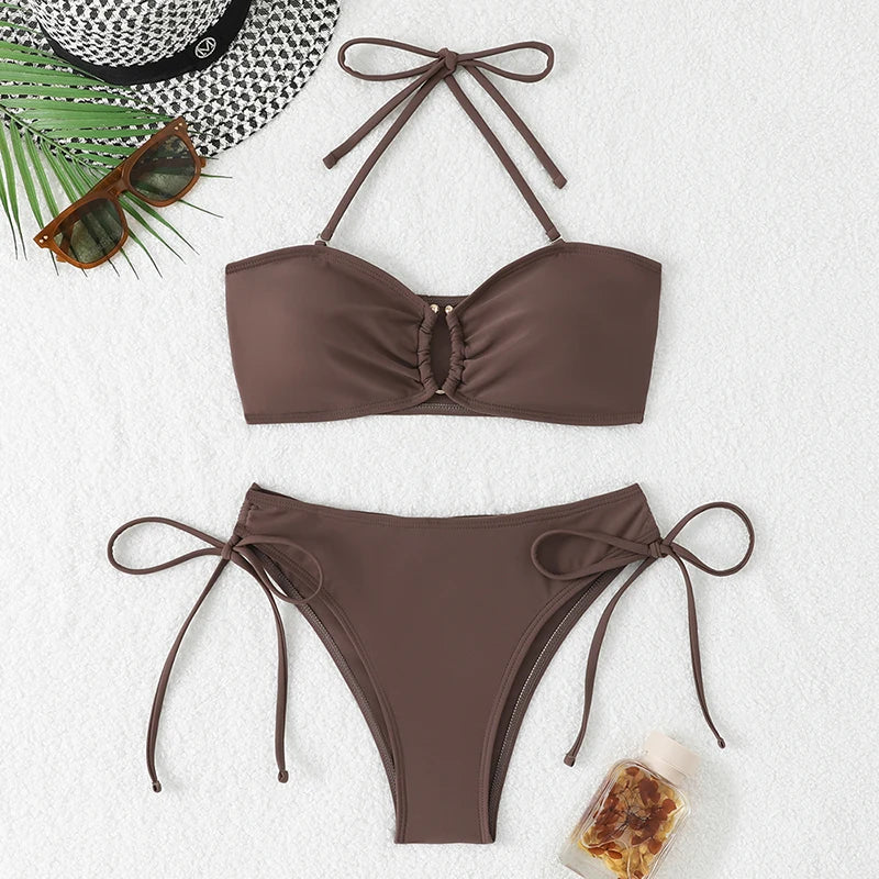 High Waist Knotted Bandeau Bikini Set