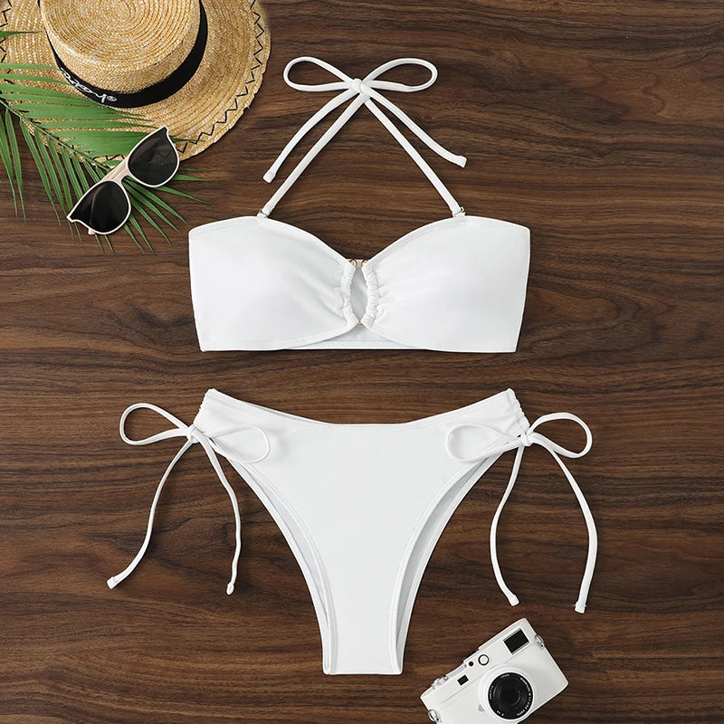 High Waist Knotted Bandeau Bikini Set