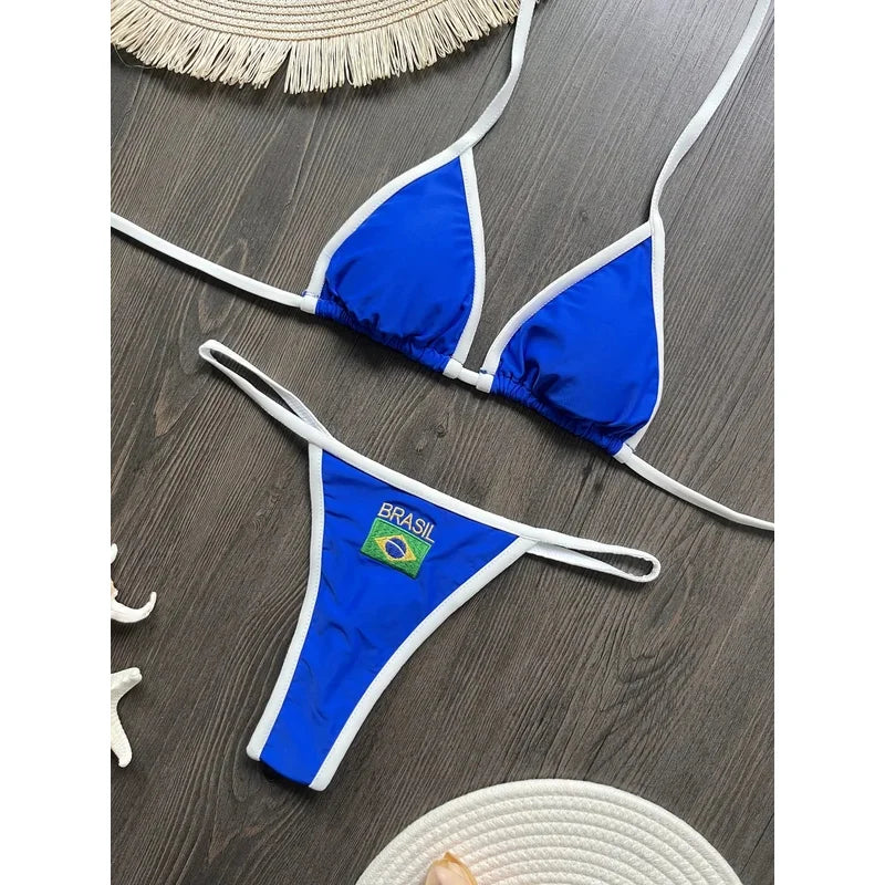 Brasil Flag Embroidery Split Bikini Set