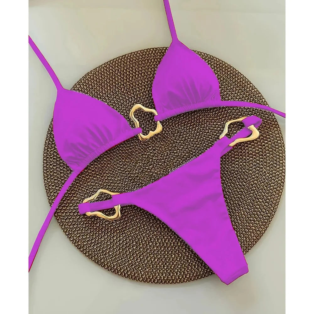 Solid Lace-Up Split Two Piece Swimsuit