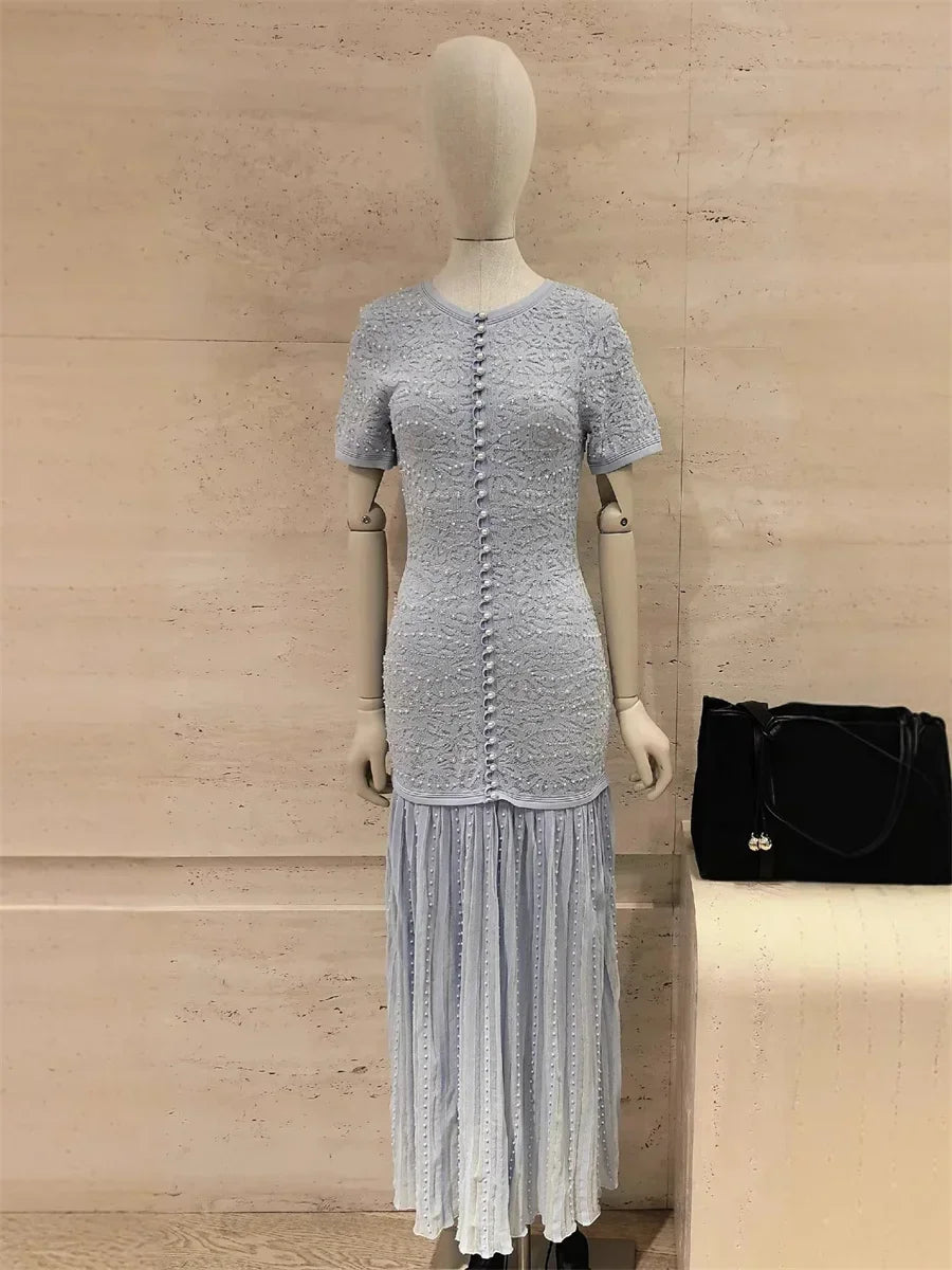 Pearl Beaded Hollow Knit Midi Dress