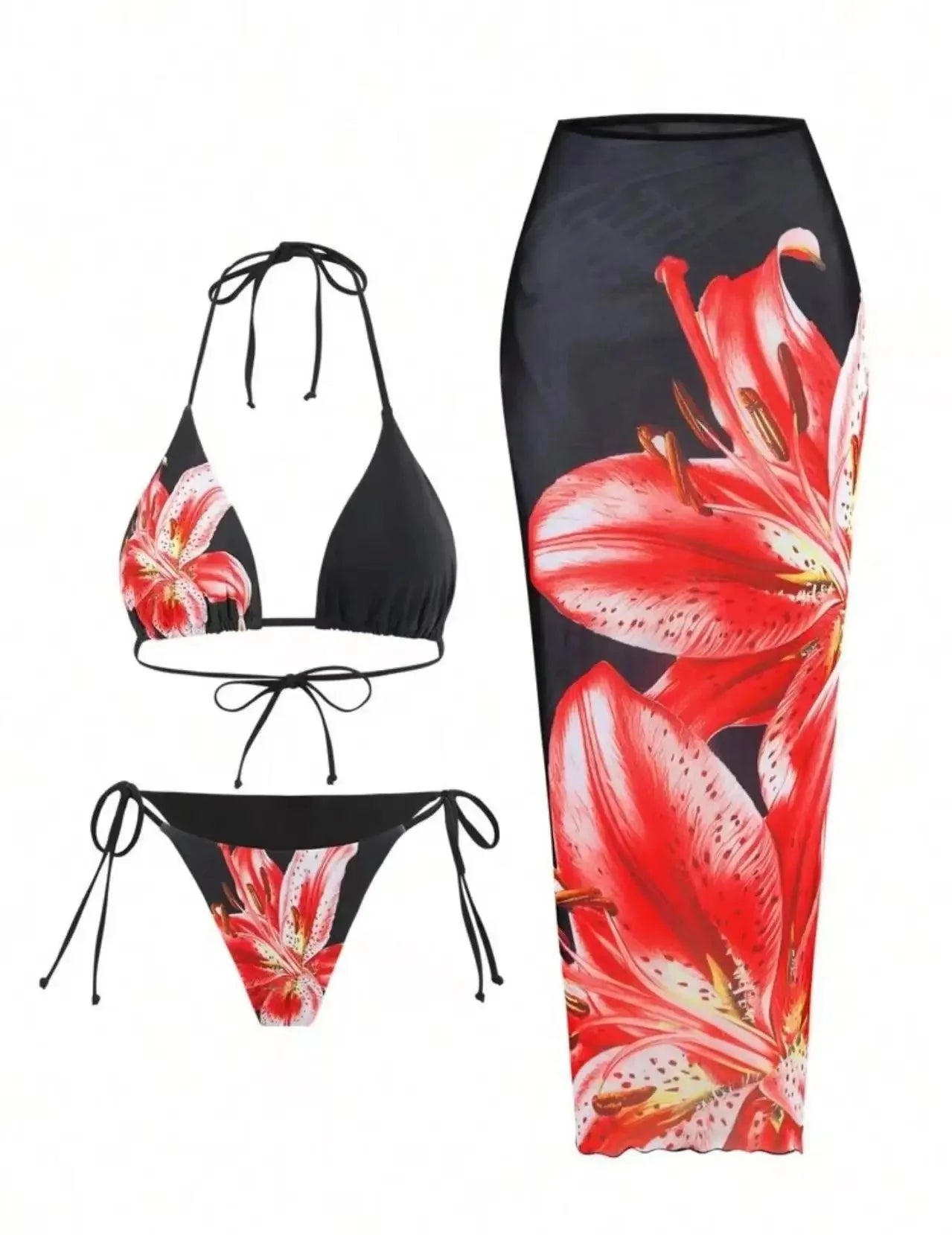 Floral Print Three Piece Bikini Set