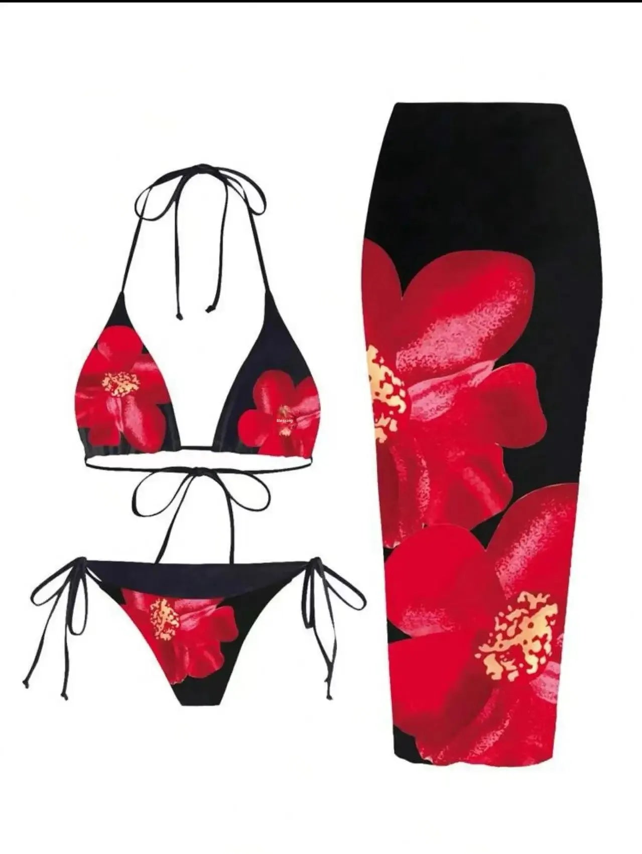 Floral Print Three Piece Bikini Set