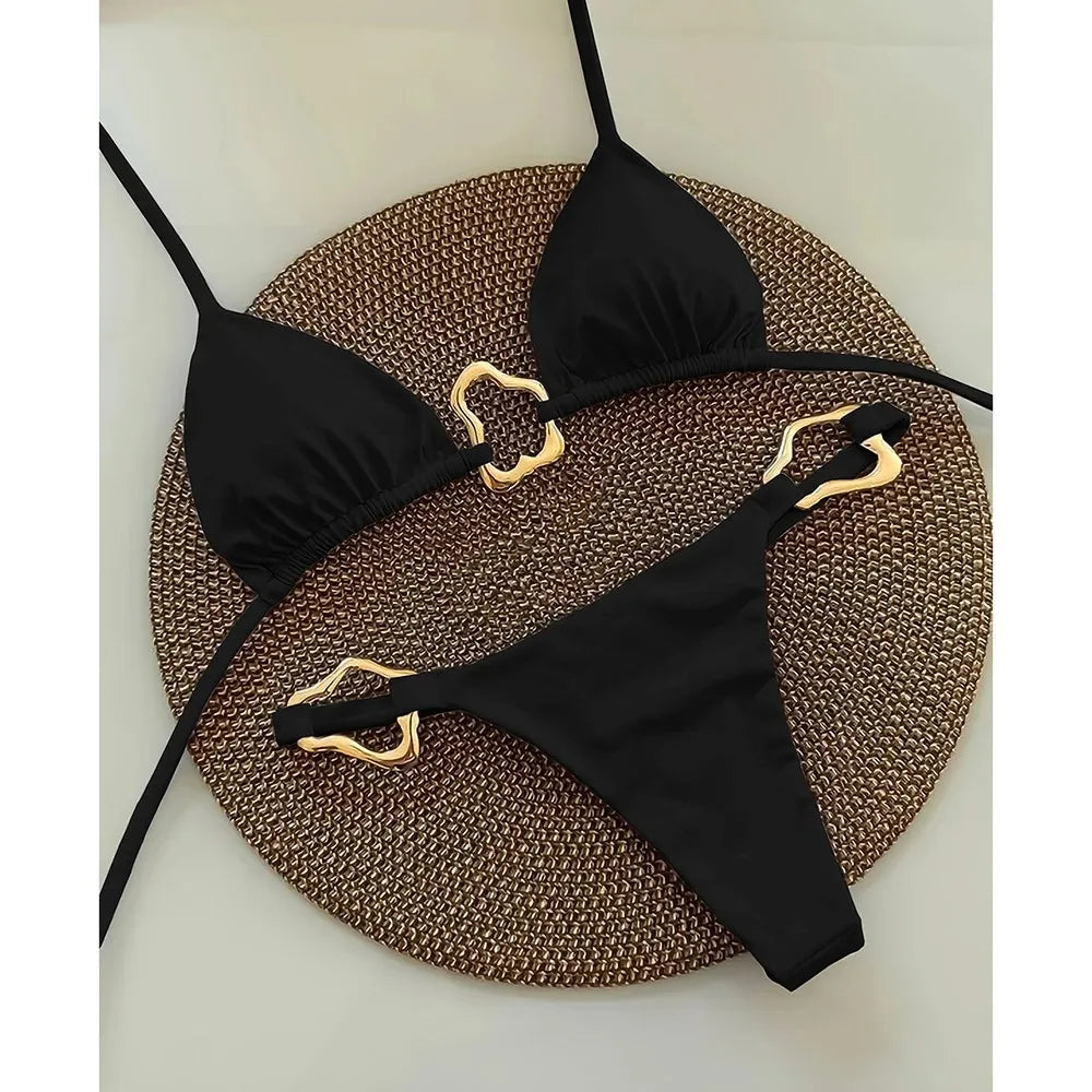 Solid Lace-Up Split Two Piece Swimsuit