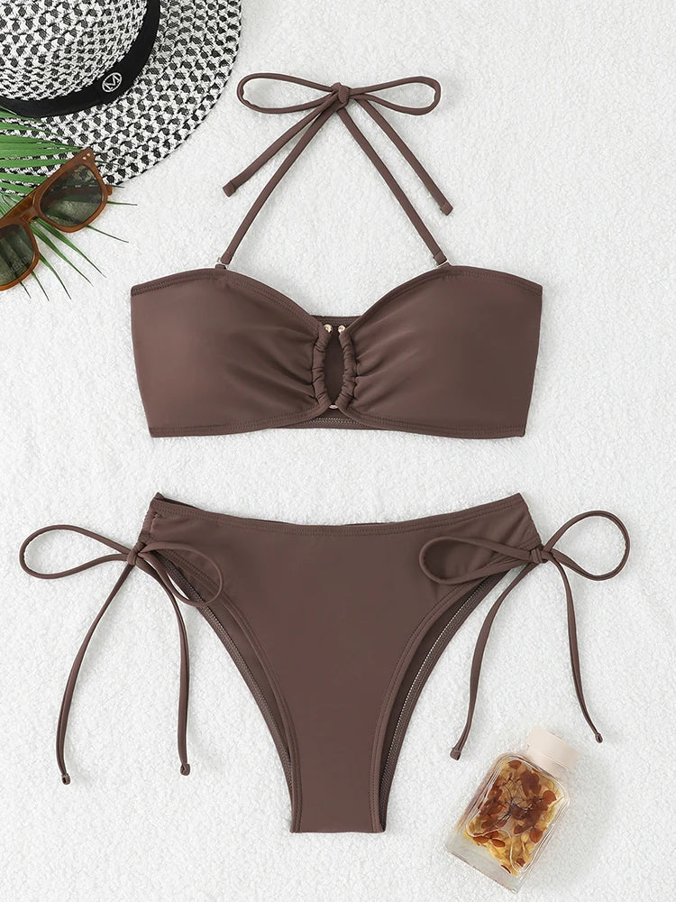 High Waist Knotted Bandeau Bikini Set