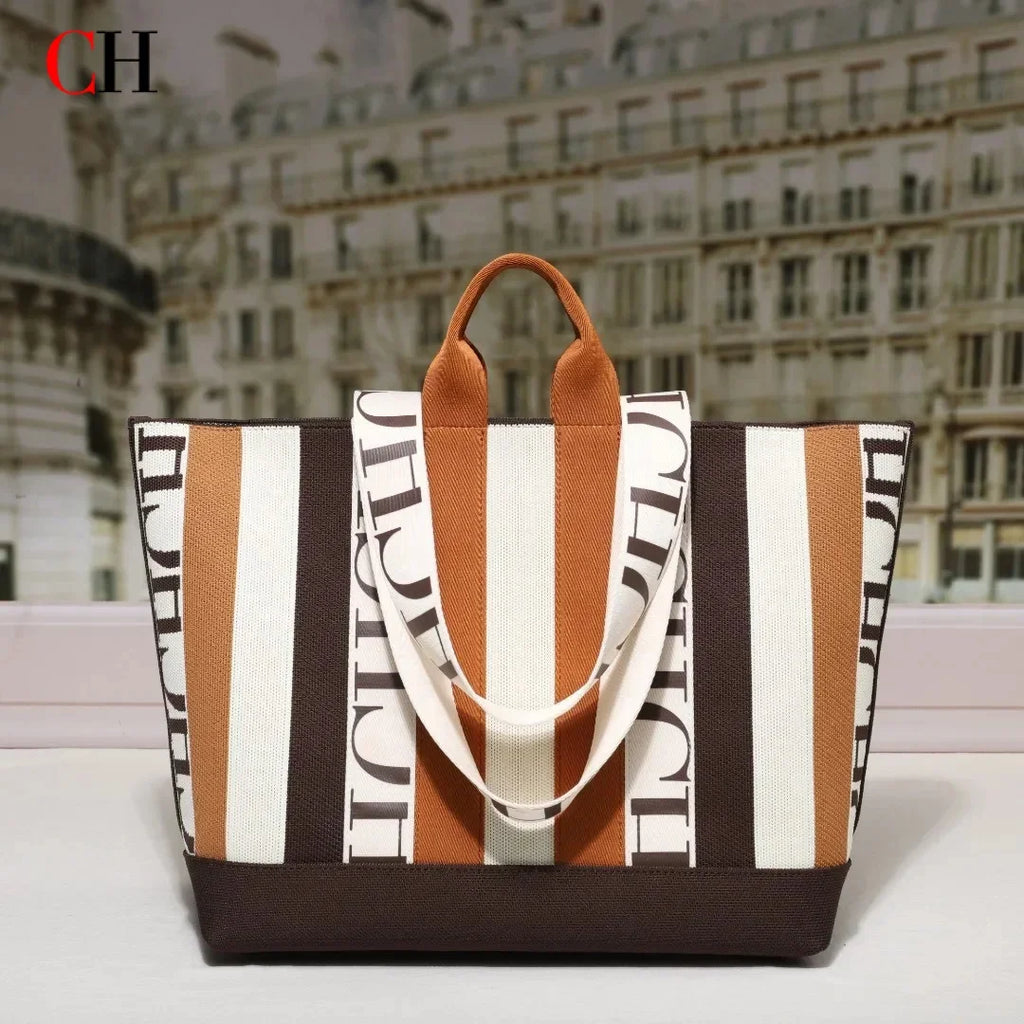 CH Classic Ladies Crossbody Bag Large Capacity Commuter Style Ladies Tote Bag Simple Stripe Desig...