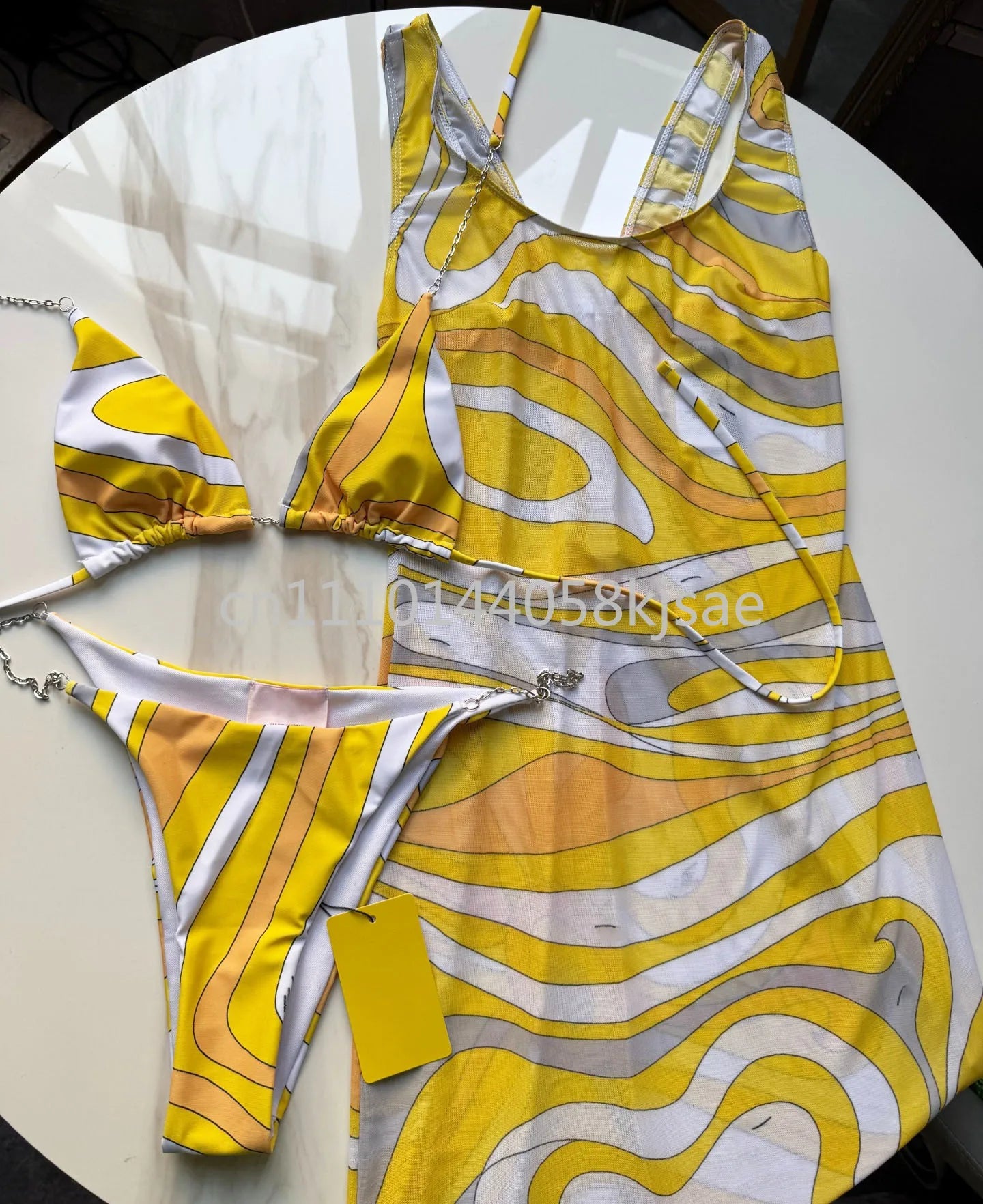 Yellow Bikini Set with Mesh Dress