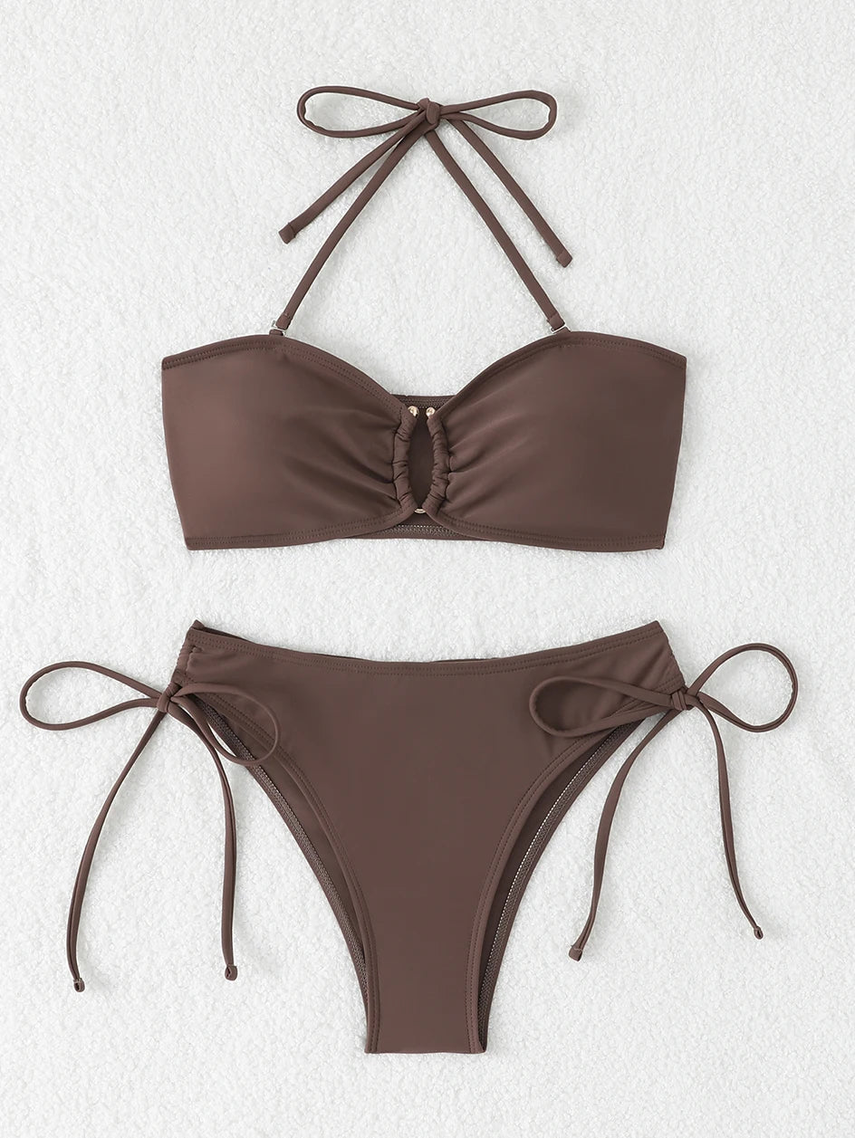 High Waist Knotted Bandeau Bikini Set
