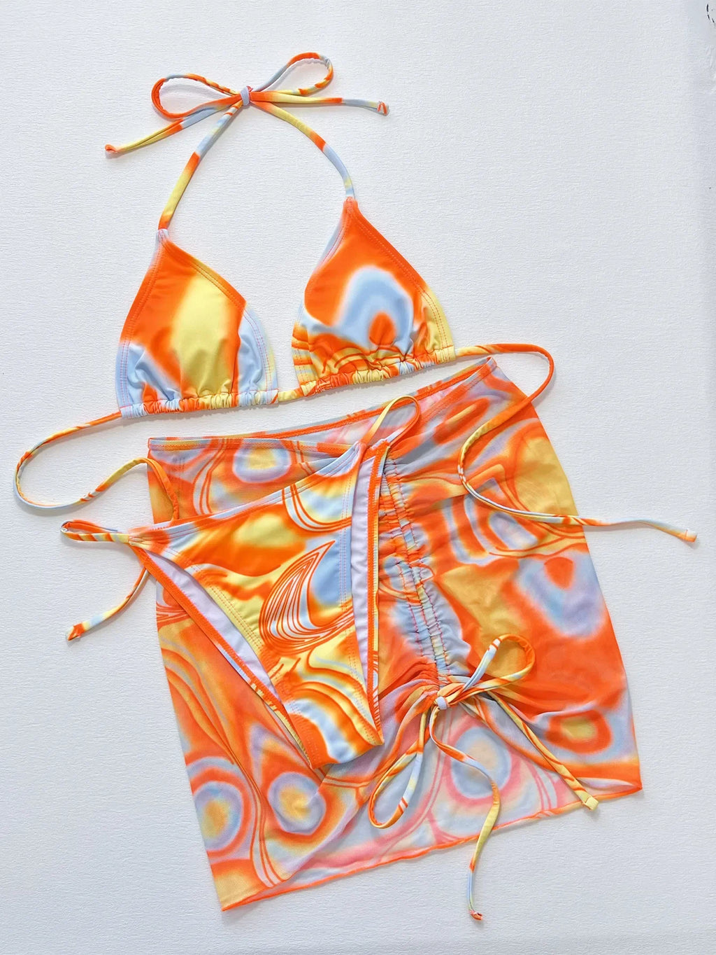 Orange Gradient 3 Piece Bikini Set