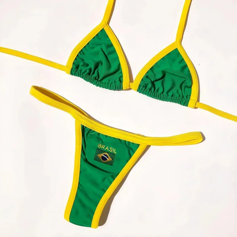 Brasil Flag Embroidery Split Bikini Set