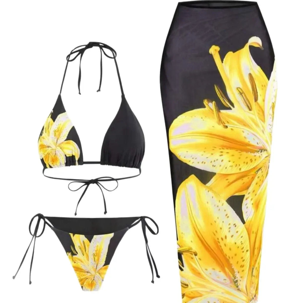 Floral Print Three Piece Bikini Set
