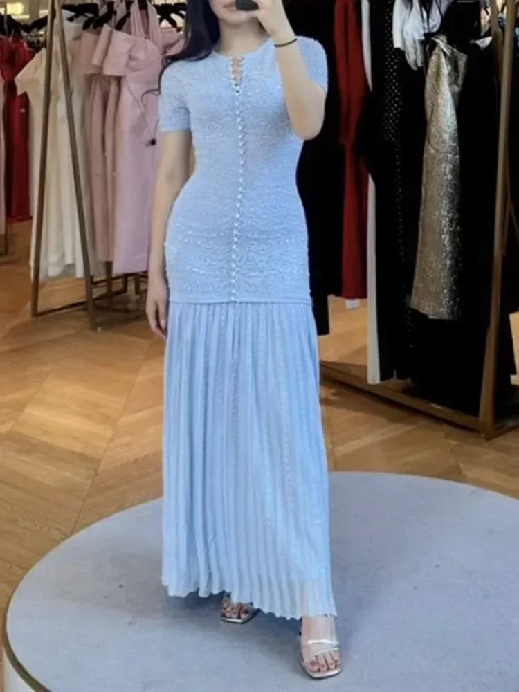 Pearl Beaded Hollow Knit Midi Dress