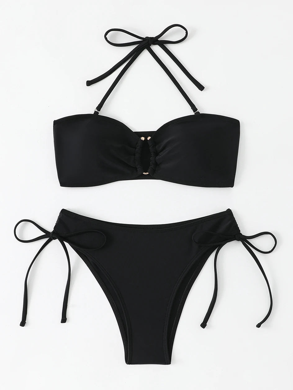 High Waist Knotted Bandeau Bikini Set