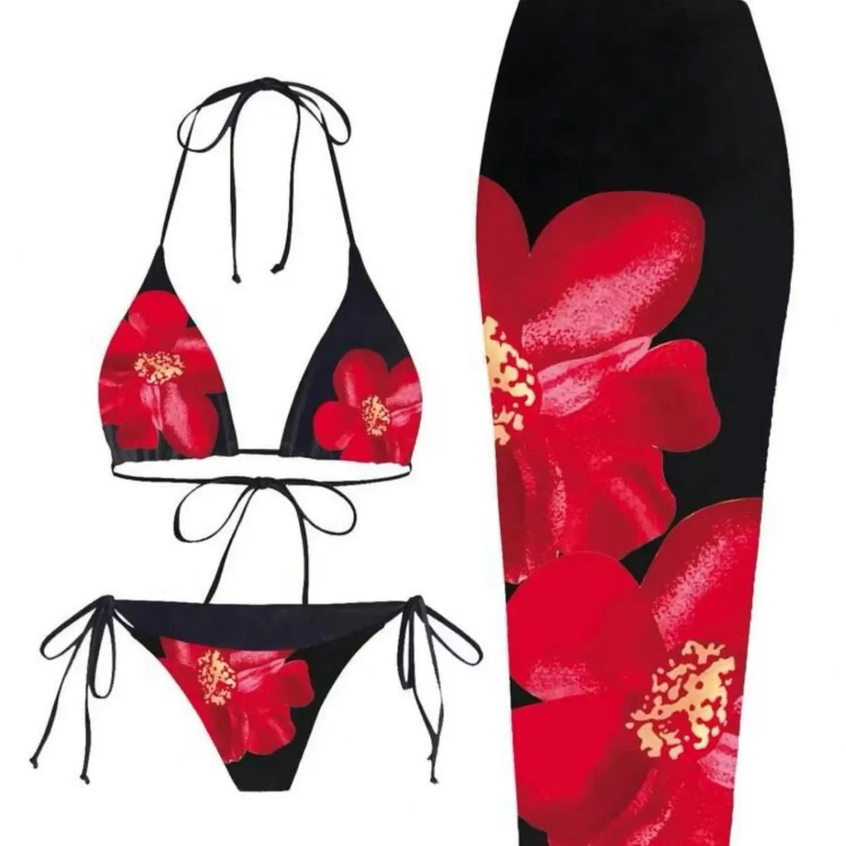Floral Print Three Piece Bikini Set