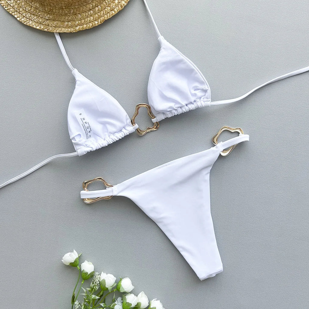 Solid Lace-Up Split Two Piece Swimsuit