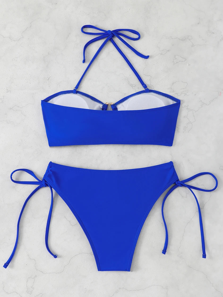 High Waist Knotted Bandeau Bikini Set