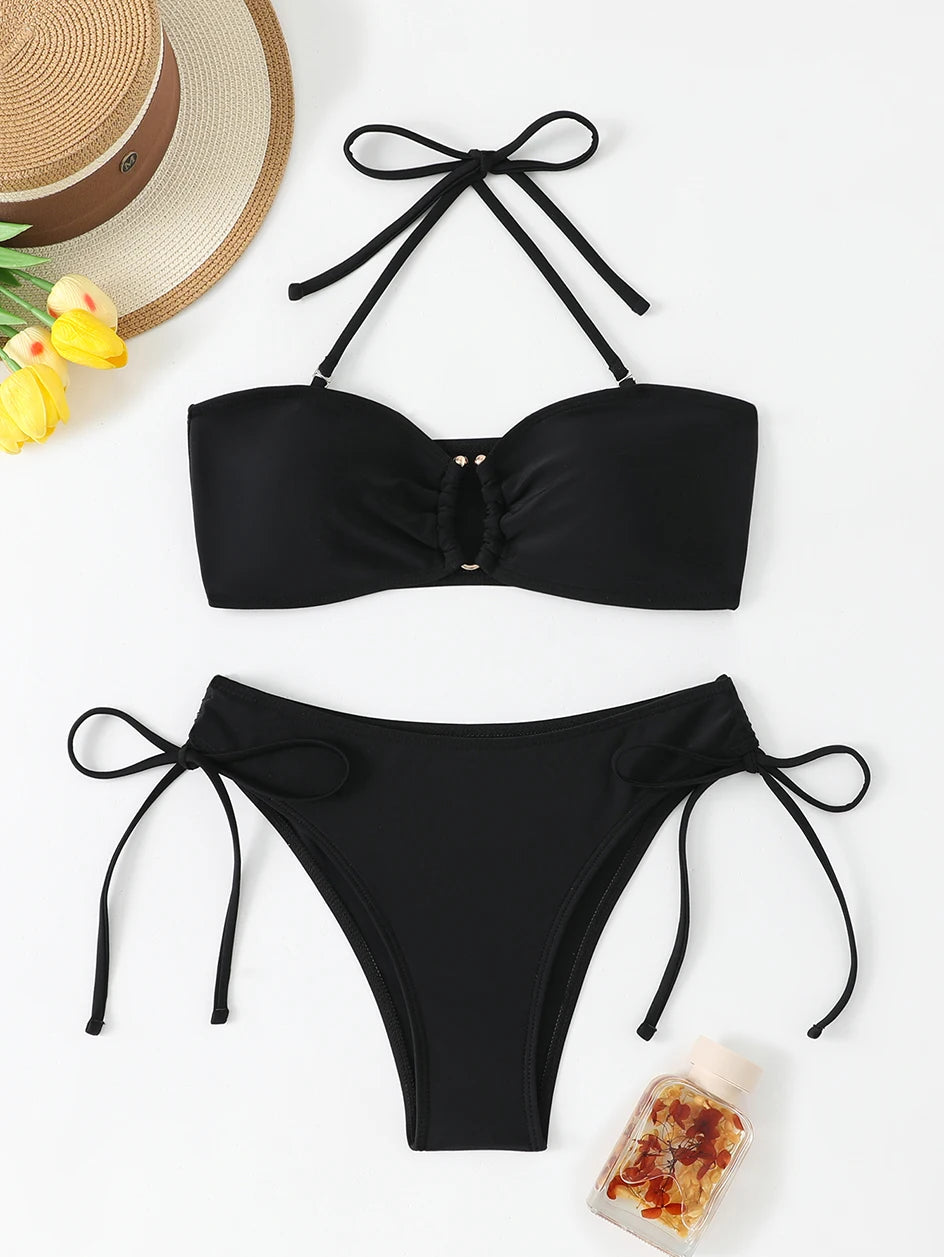 High Waist Knotted Bandeau Bikini Set