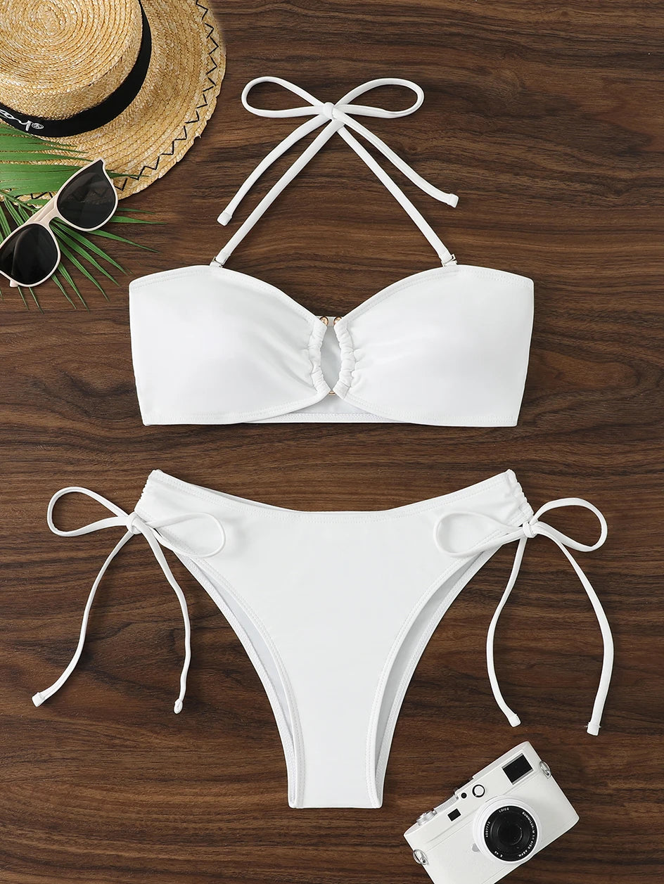 High Waist Knotted Bandeau Bikini Set