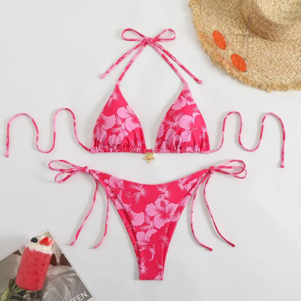 Y2K Pink Bow Lace-Up Bikini Set