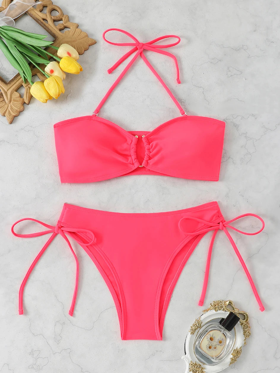 High Waist Knotted Bandeau Bikini Set