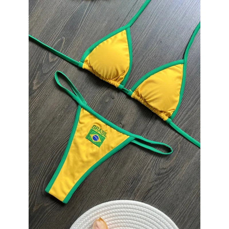 Brasil Flag Embroidery Split Bikini Set