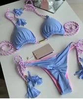 Solid Lace-Up Split Two Piece Swimsuit
