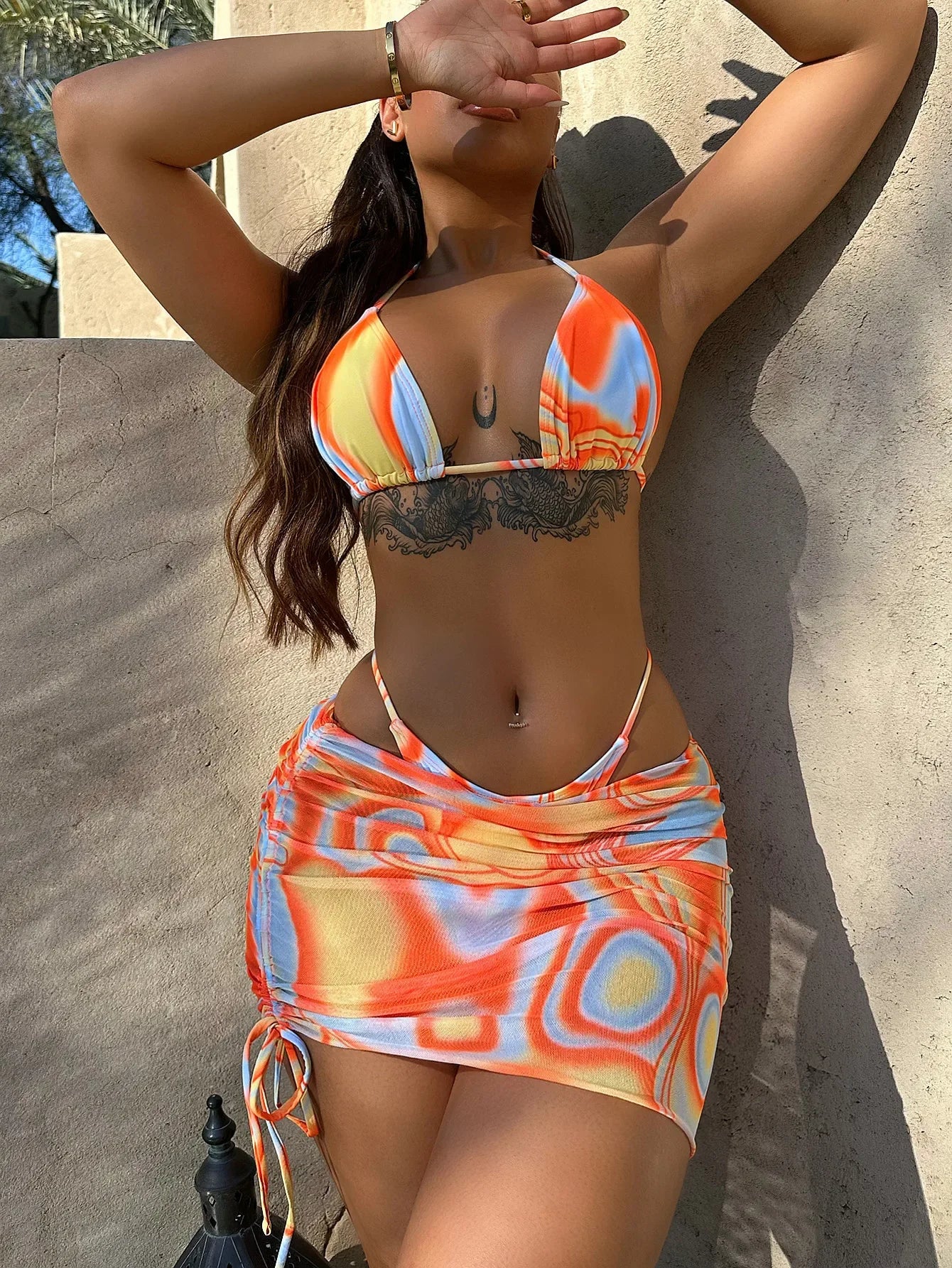Orange Gradient 3 Piece Bikini Set