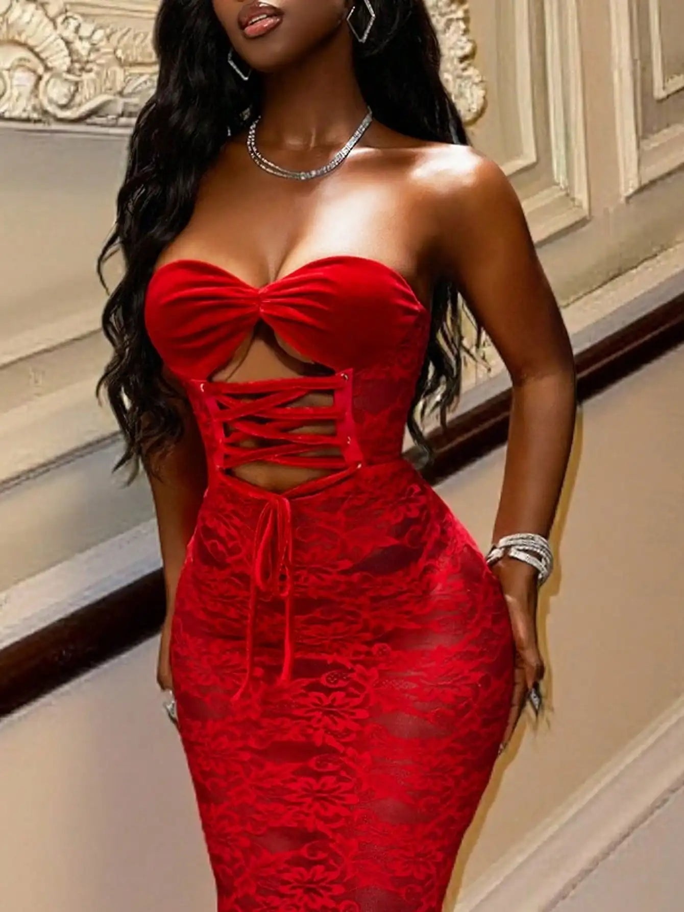 Red Strapless Lace Fishtail Maxi Dress