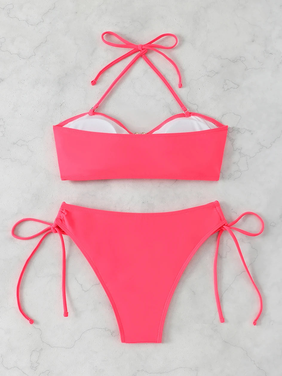 High Waist Knotted Bandeau Bikini Set