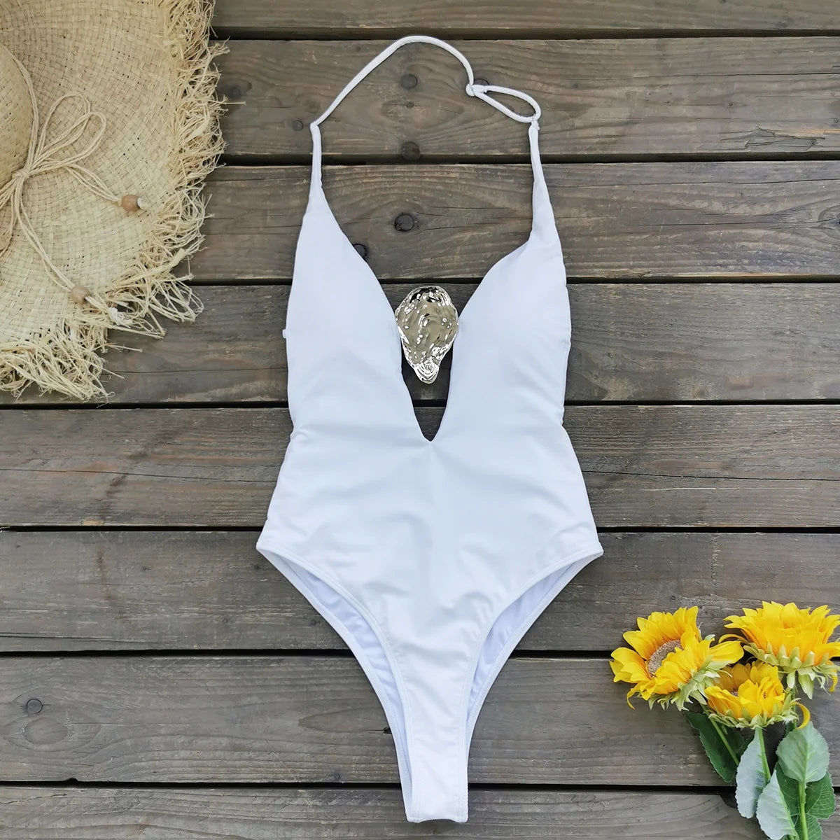 Deep V Neck Swimsuit with Skirt