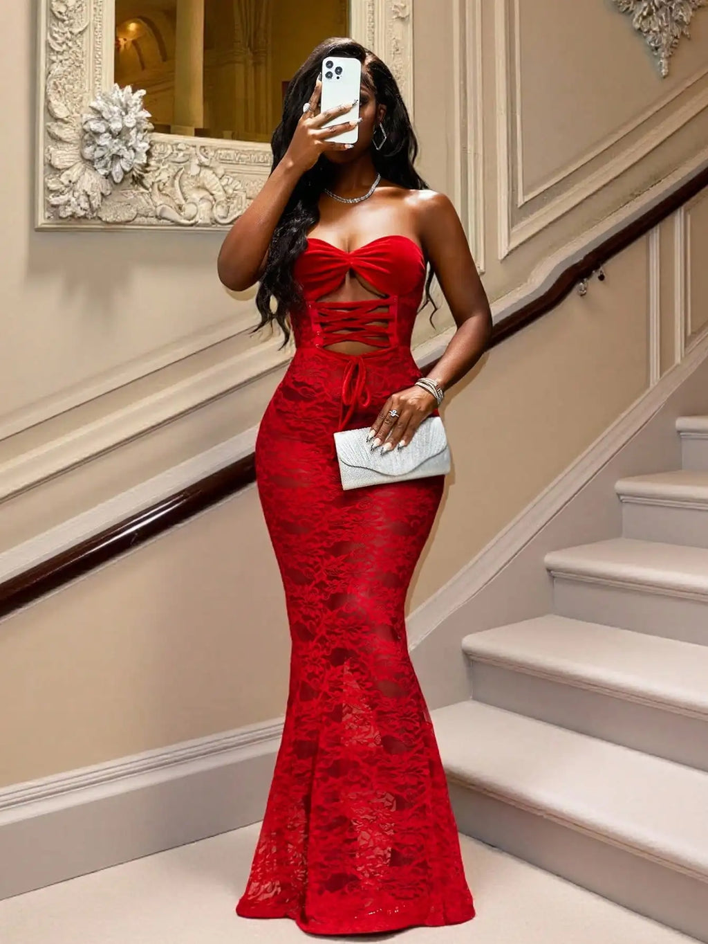 Red Strapless Lace Fishtail Maxi Dress