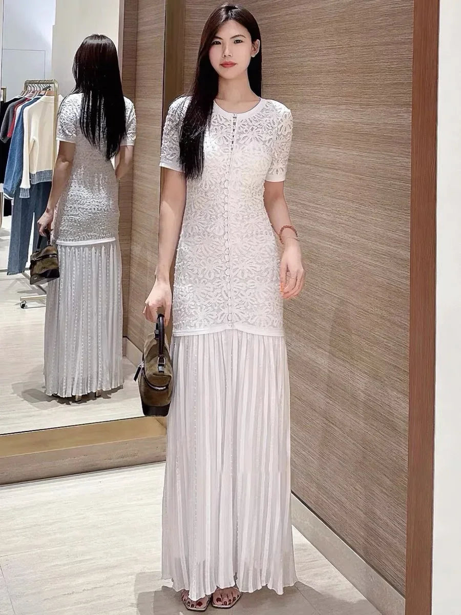 Pearl Beaded Hollow Knit Midi Dress