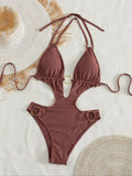 Chocolate Brown Halter One-Piece Swimsuit
