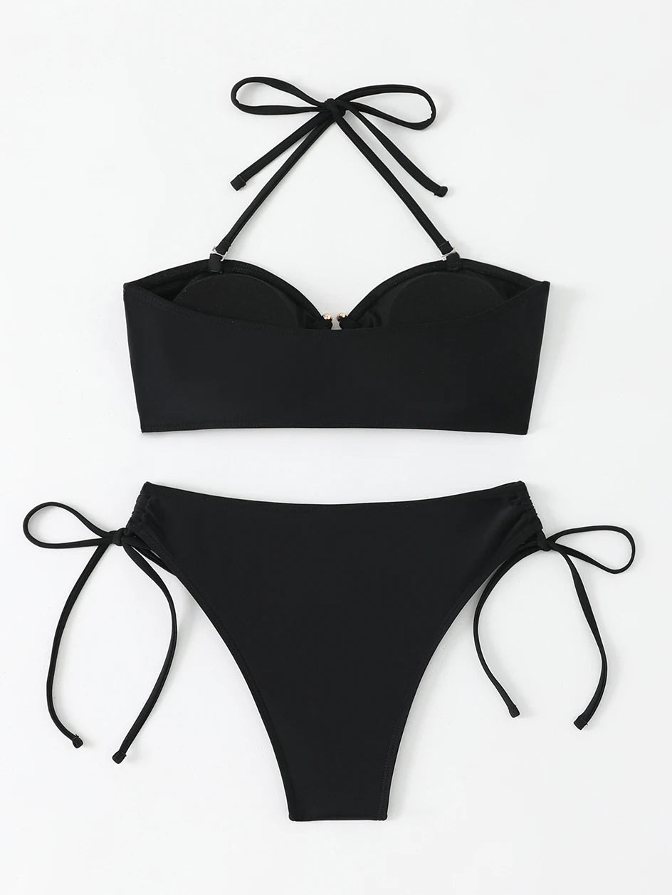 High Waist Knotted Bandeau Bikini Set