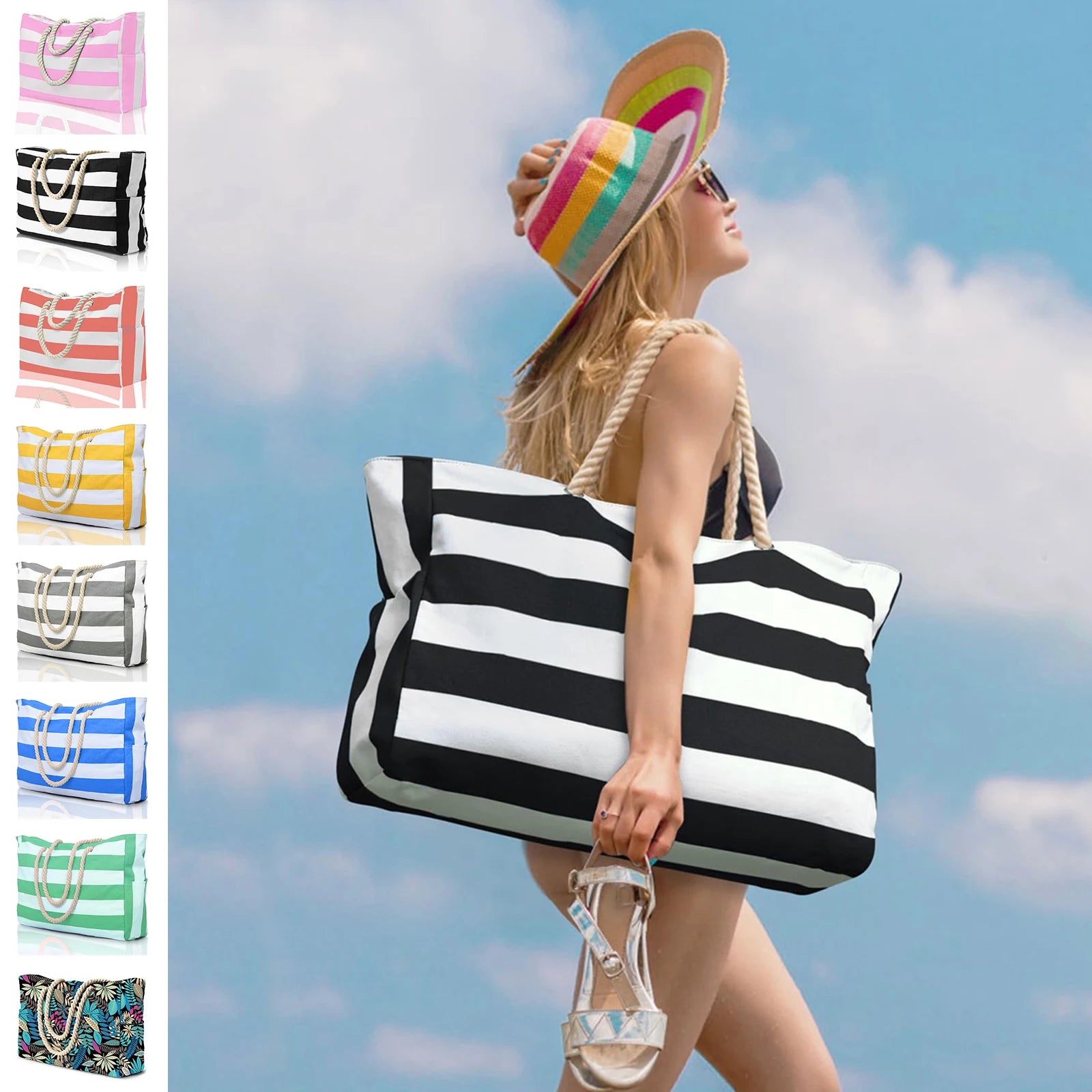Waterproof Striped Canvas Beach Bag