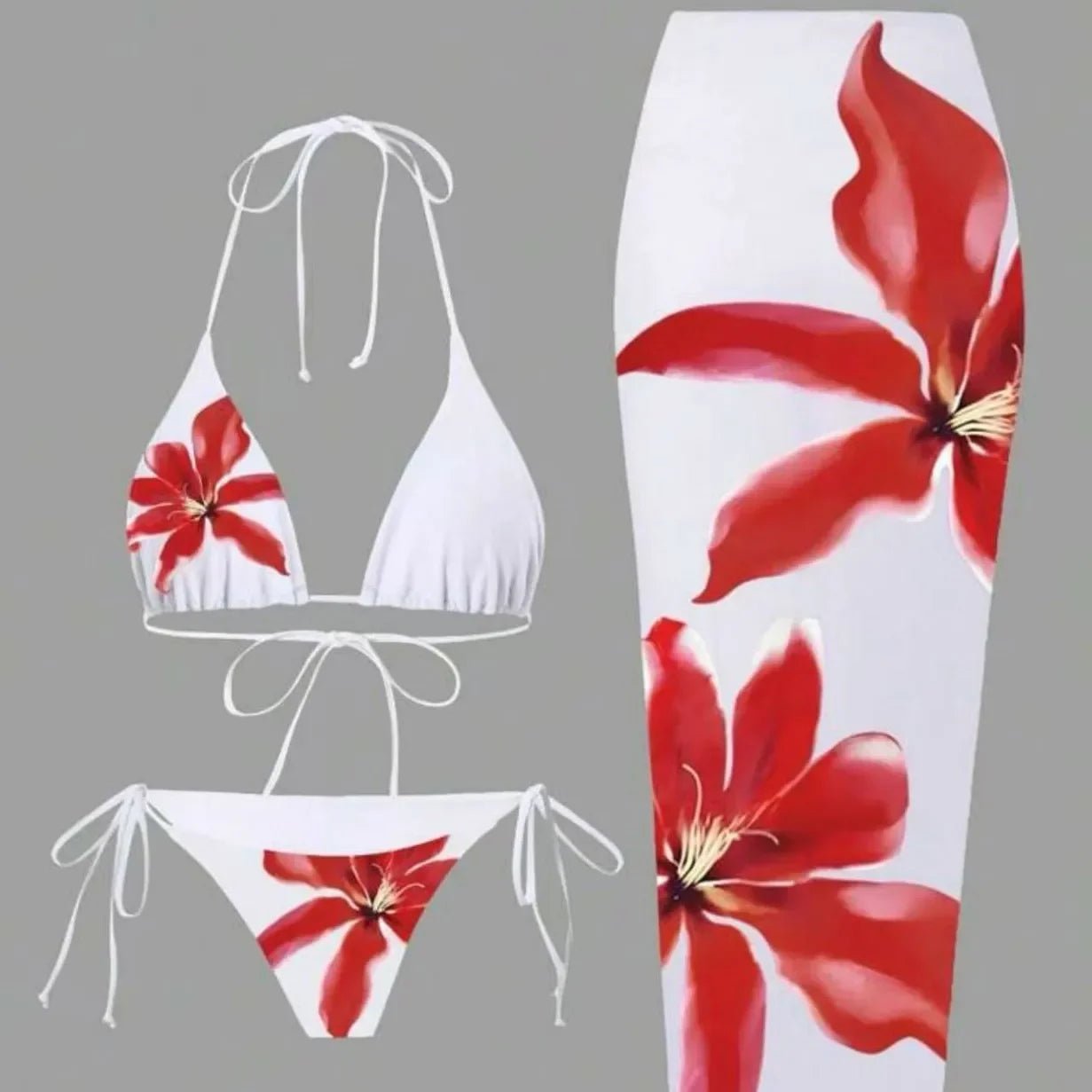 Floral Print Three Piece Bikini Set