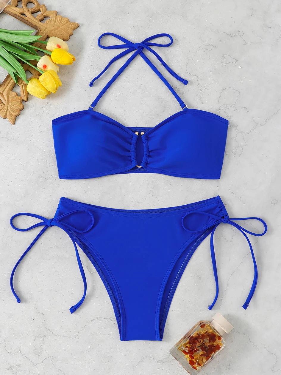 High Waist Knotted Bandeau Bikini Set