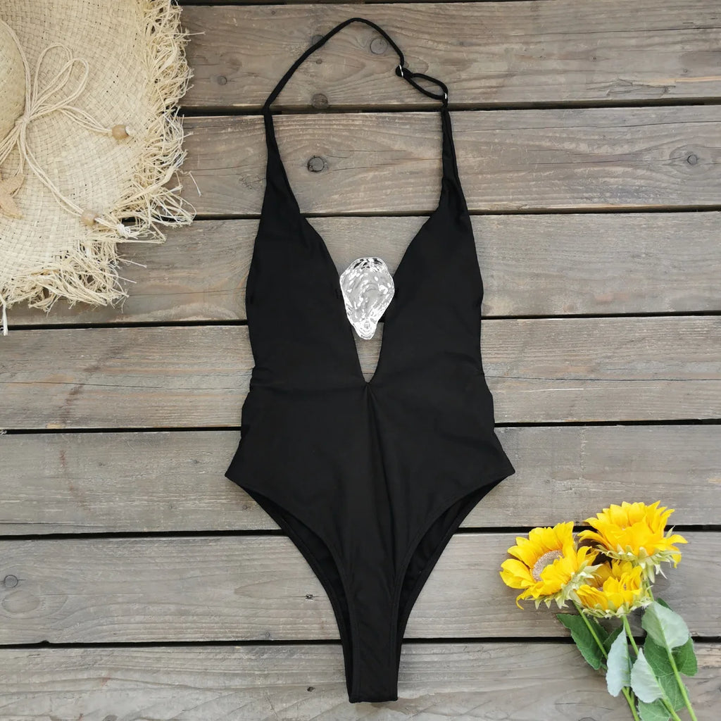 Deep V Neck Swimsuit with Skirt