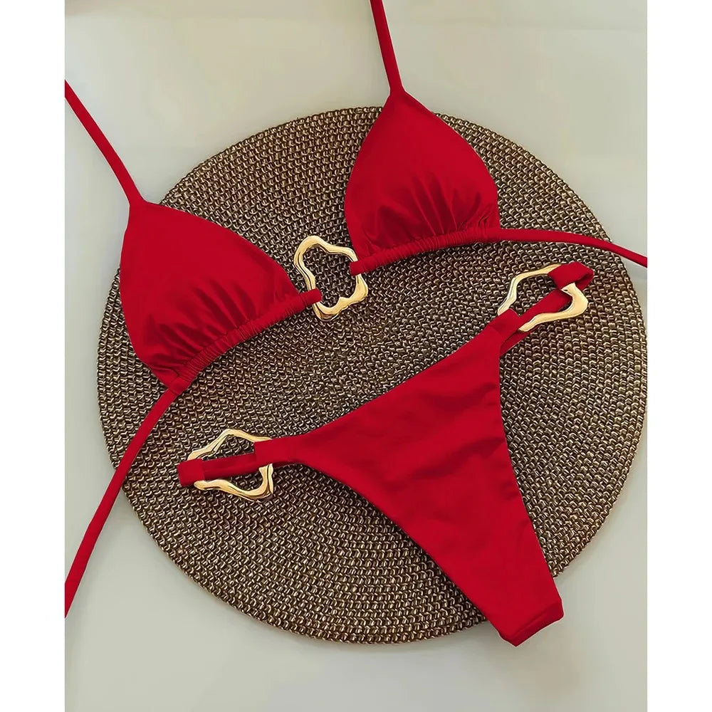 Solid Lace-Up Split Two Piece Swimsuit