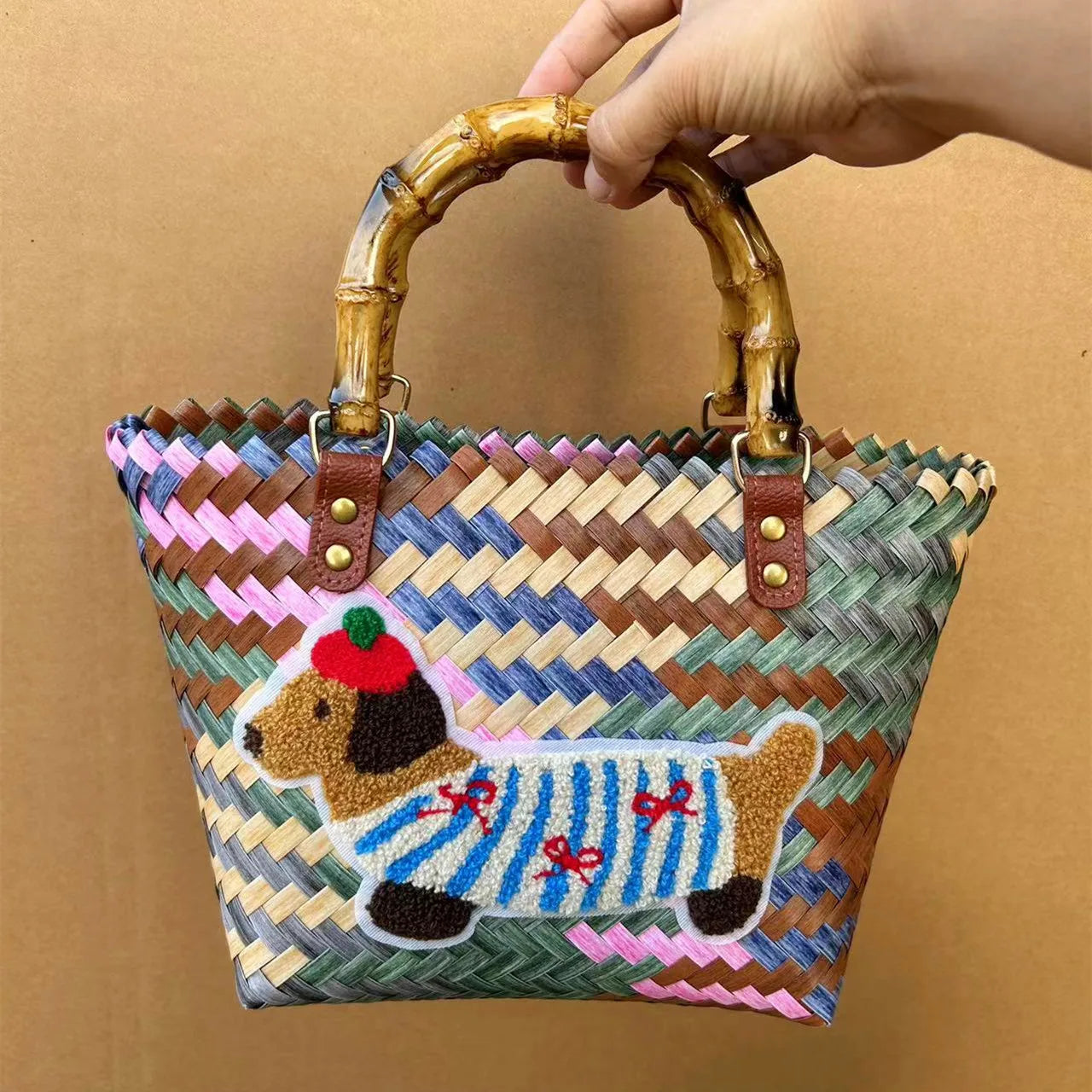 Striped Dachshund PVC Handbag